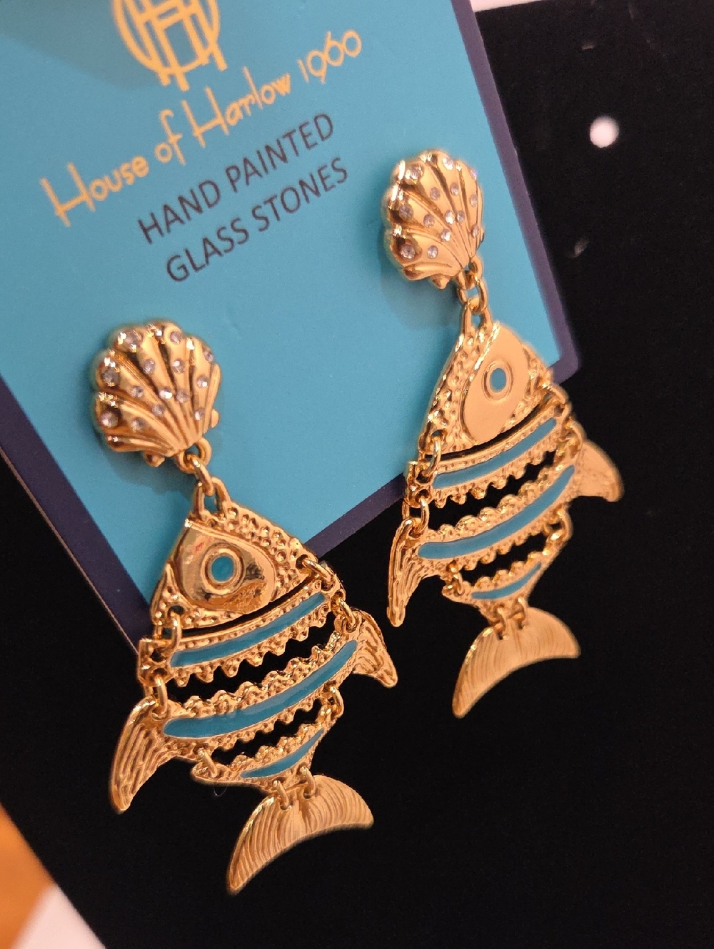 🐟▪️House of Harlow▪️ 1960 Gold Tone Hand Painted Turquoise Fish Drop Earrings - Picture 8 of 8